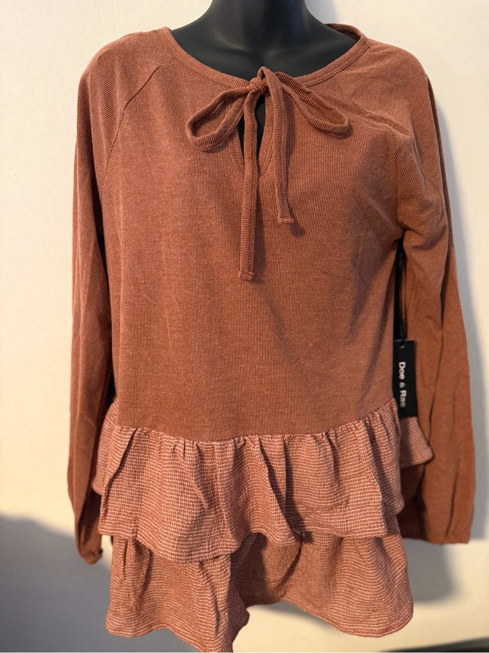 Doe & Rae Rust Tie-Neck Ruffle Hem Tunic